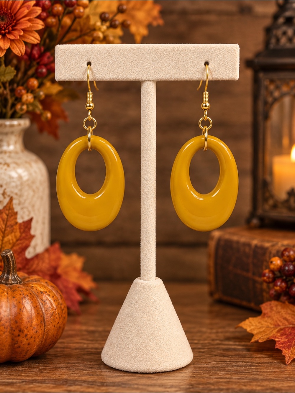 Mustard Yellow Retro Oval Drop Earrings Gold Tone Statement Dangles Boho Fall